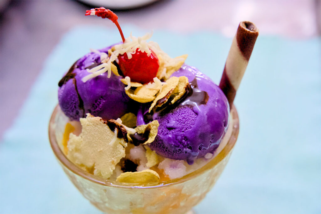 Halo-halo dessert from IDEA Café with shaved ice, leche flan, young coconut, and creamy toppings